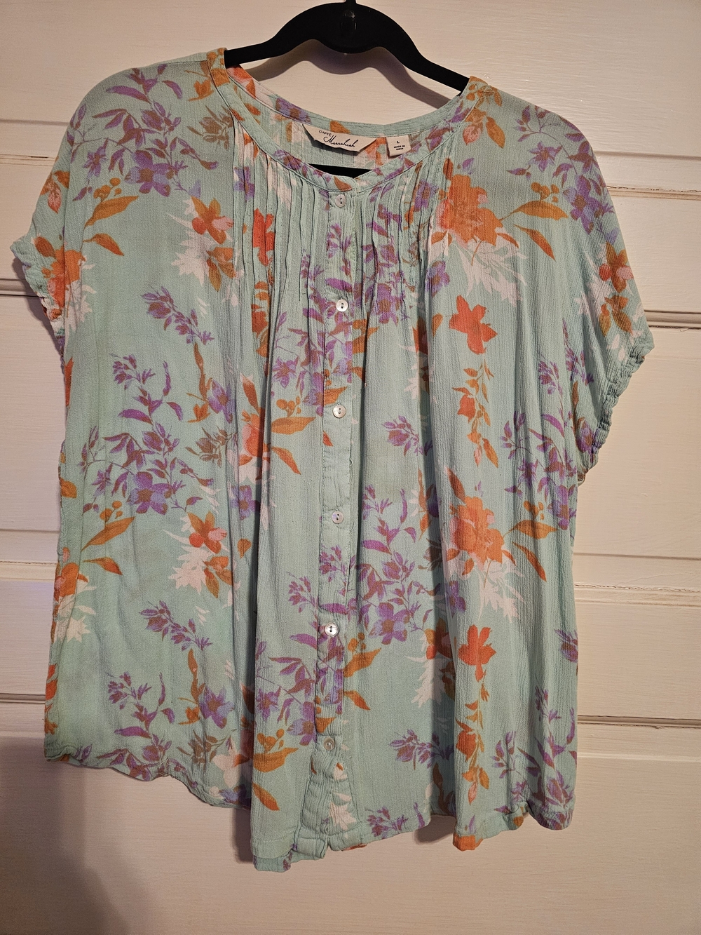 Floral Button-Front Women’s Top in Mint with Orange & Purple Print
